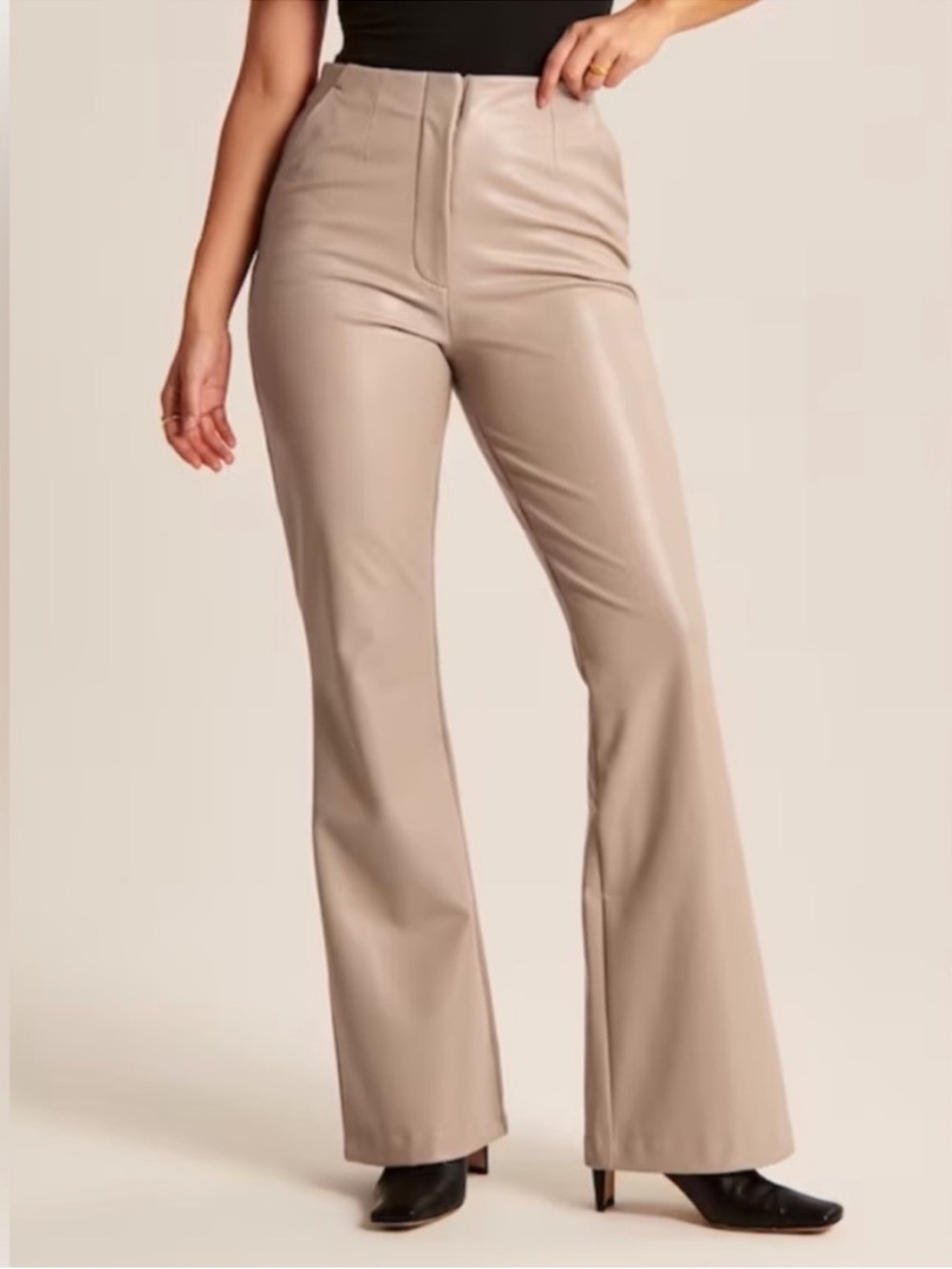 Abercrombie Curve Love Faux Leather Slim Flare Pants Taupe Beige High Rise 28S - Picture 1 of 8